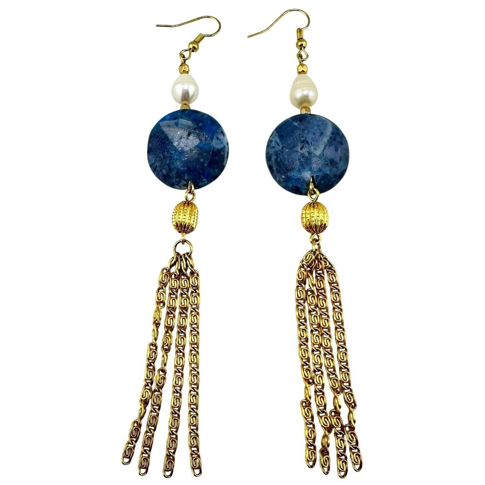 Vintage Upcycled Handmade Real Pearl Sodalite Gold Tone Tassel Drop 5" Earrings